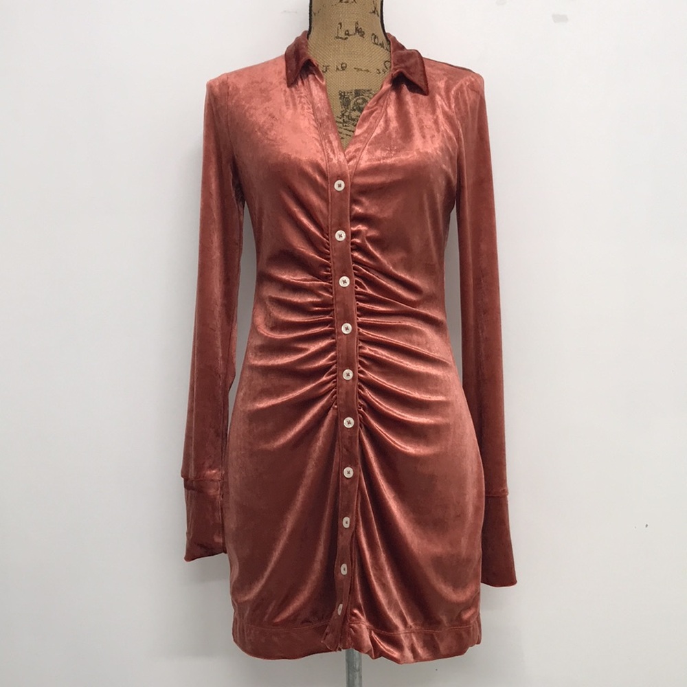 Free People Shayla Burnt Orange Velvet Mini Dress Terracotta Size Small - Picture 2 of 6